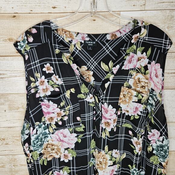 Torrid Harper Tank Top Plus Size 2 Size 18/20 Sleeveless Blouse Floral Plaid 2X - Picture 6 of 14